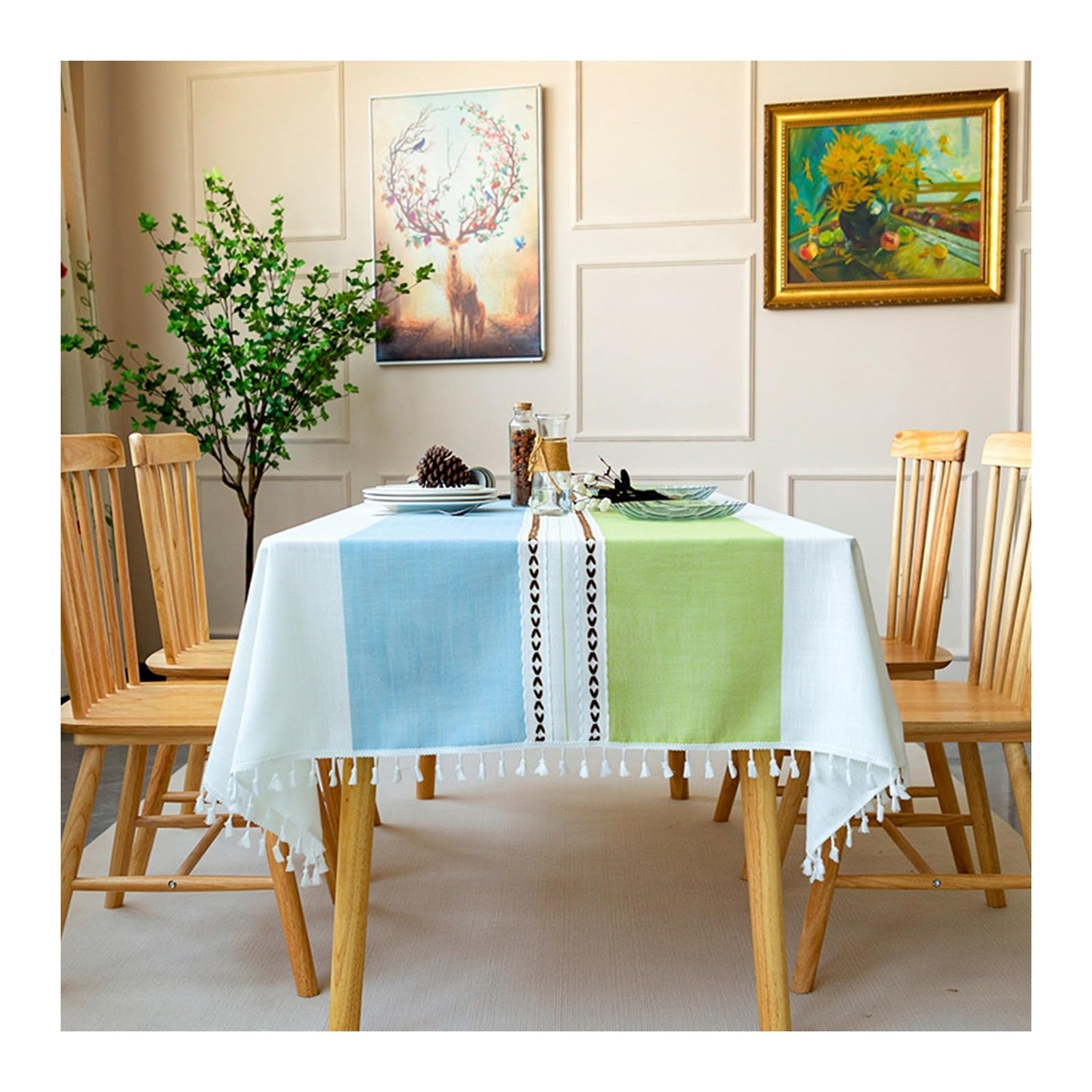 Nappe Table 140x300 cm en Polyester, Bleu Vert, Nappe Impermeable Motif Brodé Rayures, Picnic CouvertureBleu Vert-Franges
