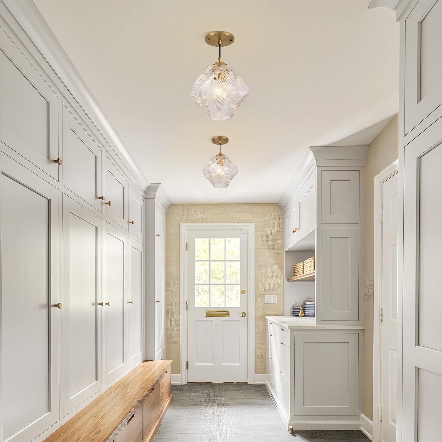 Glass Pendant Light Fixtures, Mid Century Modern Ceiling Hanging Lights with Height Adjustable, Brass Gold Pendant Lighting for Kitchen Island, Hallway, Dining Room, Bedroom (2 Pack)