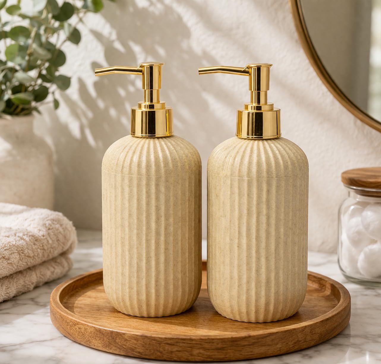 LAGET® 300ml Soap Dispenser for Wash Basin - Ribbed Design with Gold Nozzle | Kitchen and Bathroom Accessories Items | Refillable Handwash Dispenser Bottle- Set of 2 (Peach)-image-8