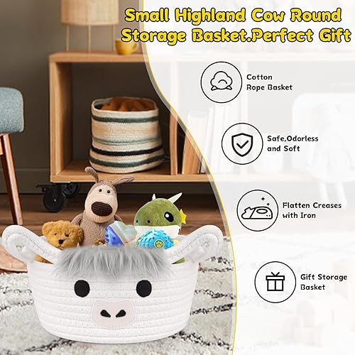 Miniatura 4 de Cesta de vaca Highland para guardería, cesta de regalo pequeña, almacenamiento de cuerda de algodón tejida redonda blanca, organizador de bebé con