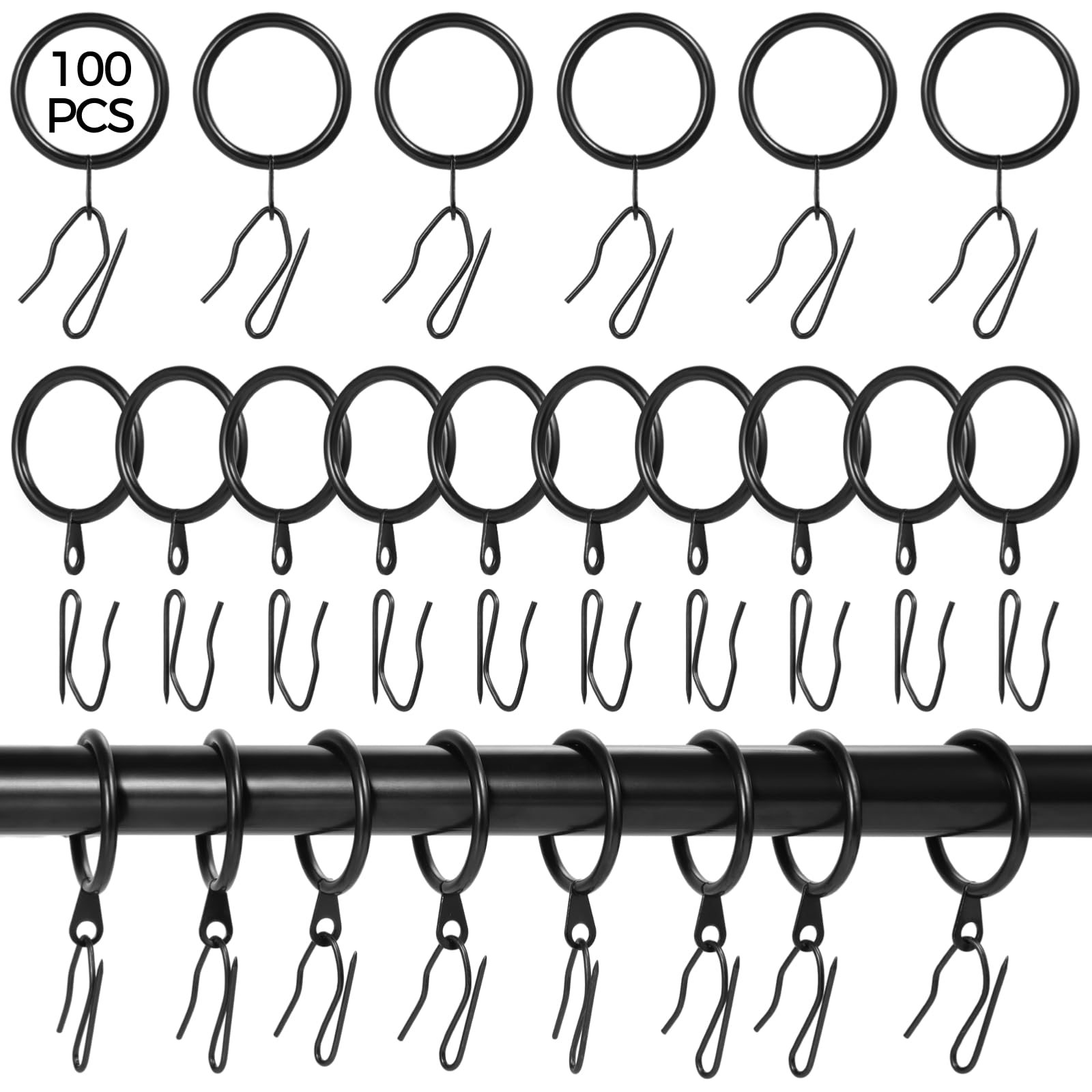 100 Sets Curtain Rings with Hooks - 1.26 Inches Inner Diameter Metal Curtain Rings with Eyelets, Heavy Duty Rustproof Drapery Ring and Pin Hooks for Living Room Bedroom Drapes Shower Curtains