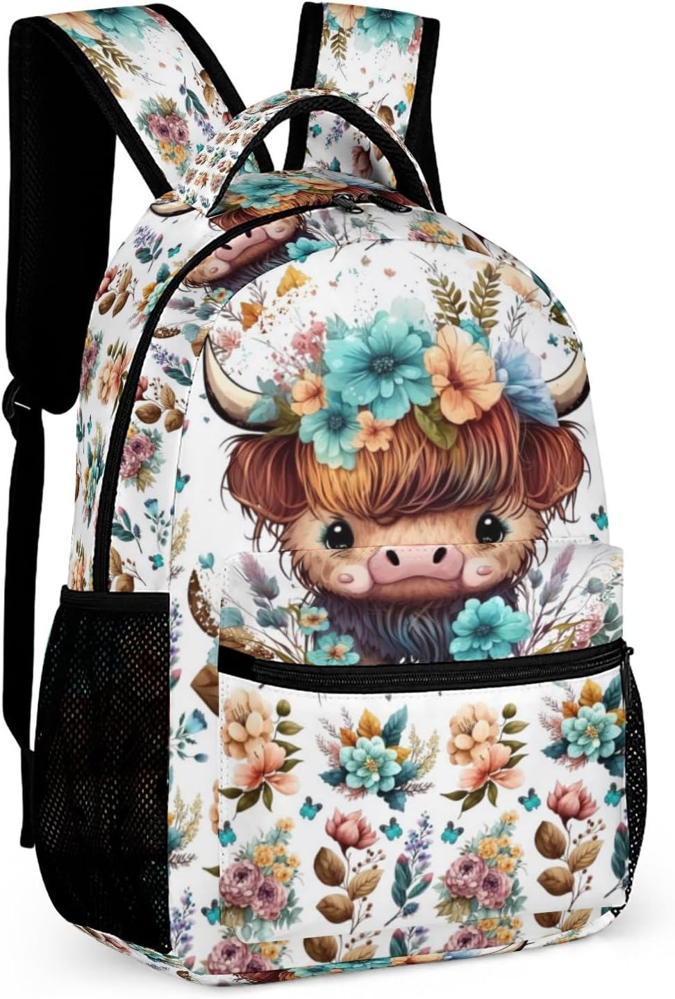 Highland Cow Backpack for Kids Girls Boys Teens, 17 Inches Cute Cows Theme All-over Print Bookbag for Elementary Middle Junior High School