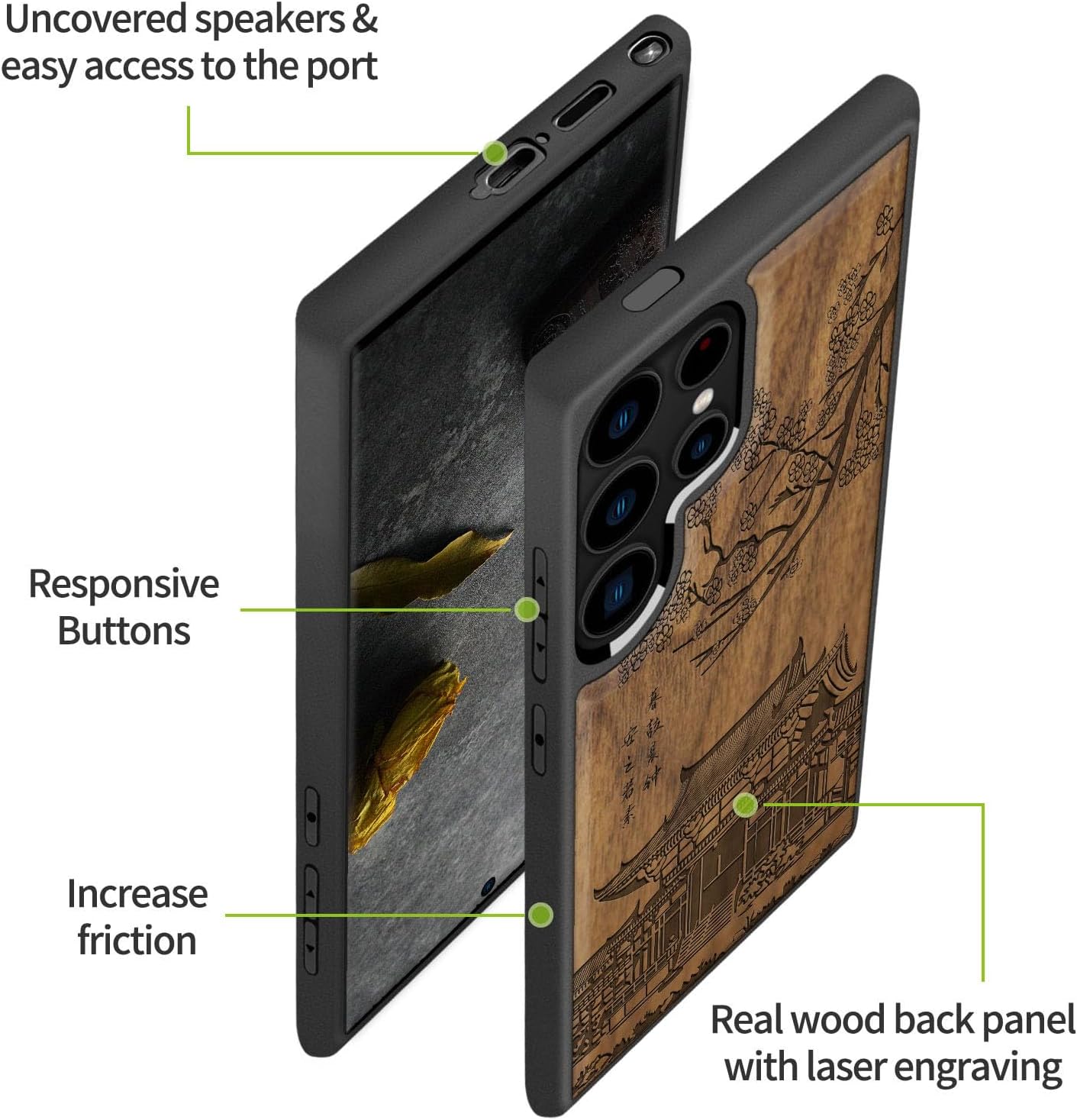 Carveit Wood Case for Galaxy S24 Ultra [Natural Wood & Black Soft TPU] Shockproof Protective Cover Unique Wooden Design Compatible with Samsung S24 Ultra (Traditional Temple-Walnut)