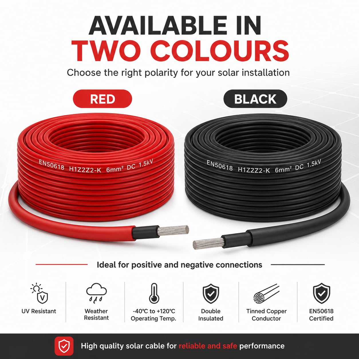 Câble solaire PV 6 mm EN50618 H1Z2Z2-K 1500 V DC Câble photovoltaïque en cuivre étamé double isolation pour installation de panneau solaire - Rouge, 100 mètres