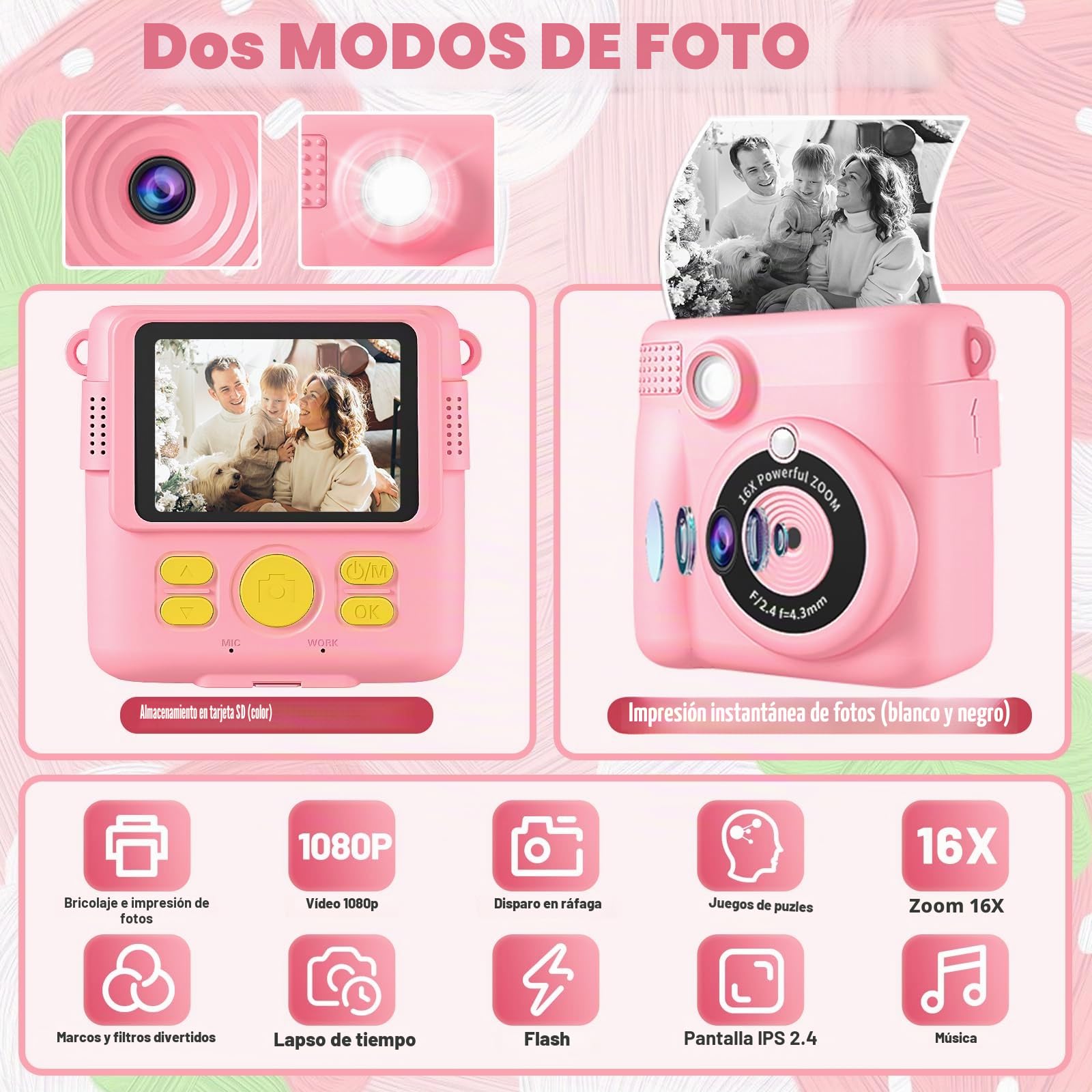 CHRERNA Camara Fotos Infantil Instantanea, 2,4" HD Camara Fotos Infantil, 1080P Cámara Instantánea con Tarjeta de 32GB y Papel de Impresión, Regalo para Niños y Niñas 3 a 12 Años