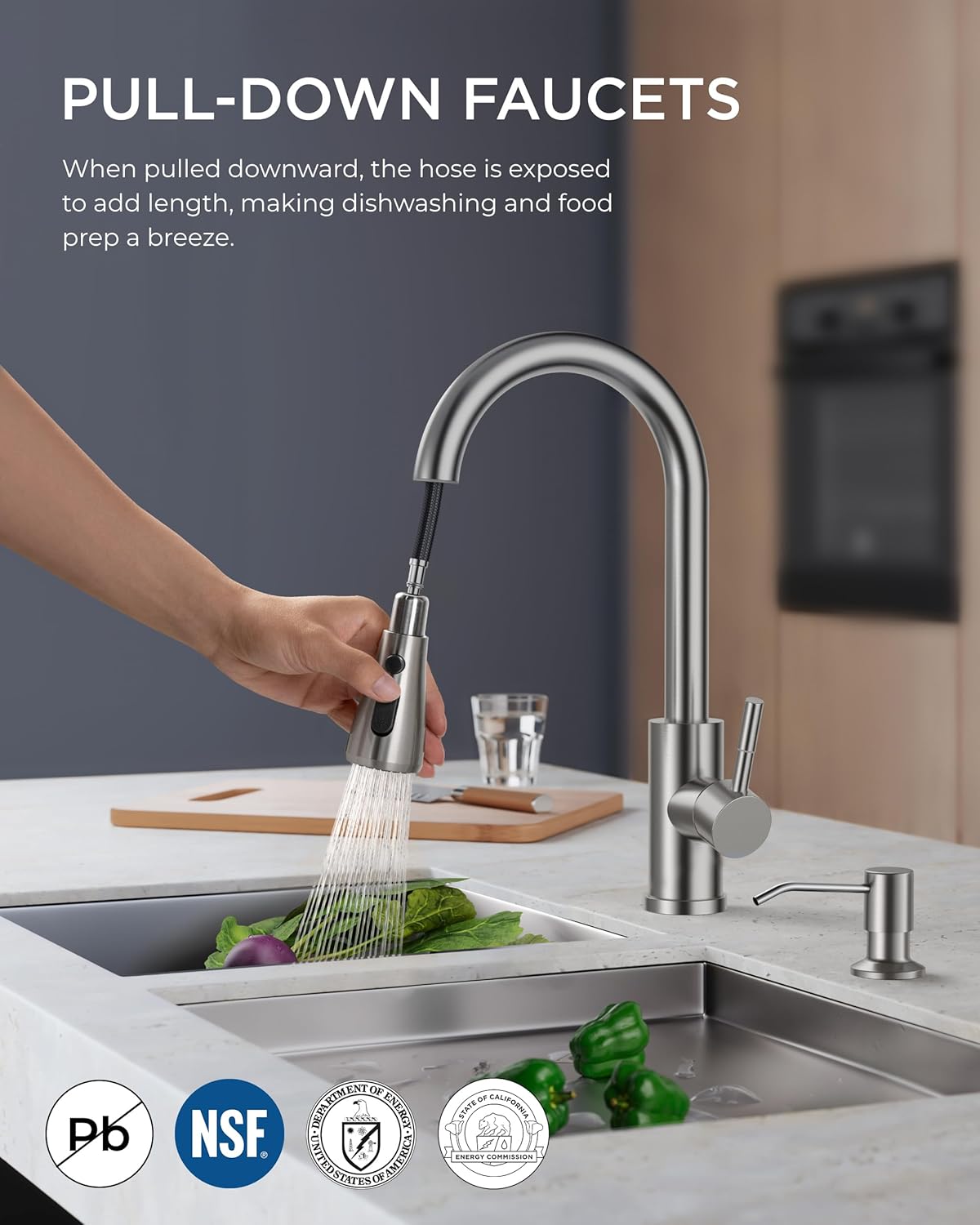 FORIOUS Kitchen Faucet with Pull Down Sprayer and Pull Out Sink Faucet with Soap Dispenser, Stainless Steel Single Handle Faucet for Kitchen Sink, RV Bar Camper Laundry