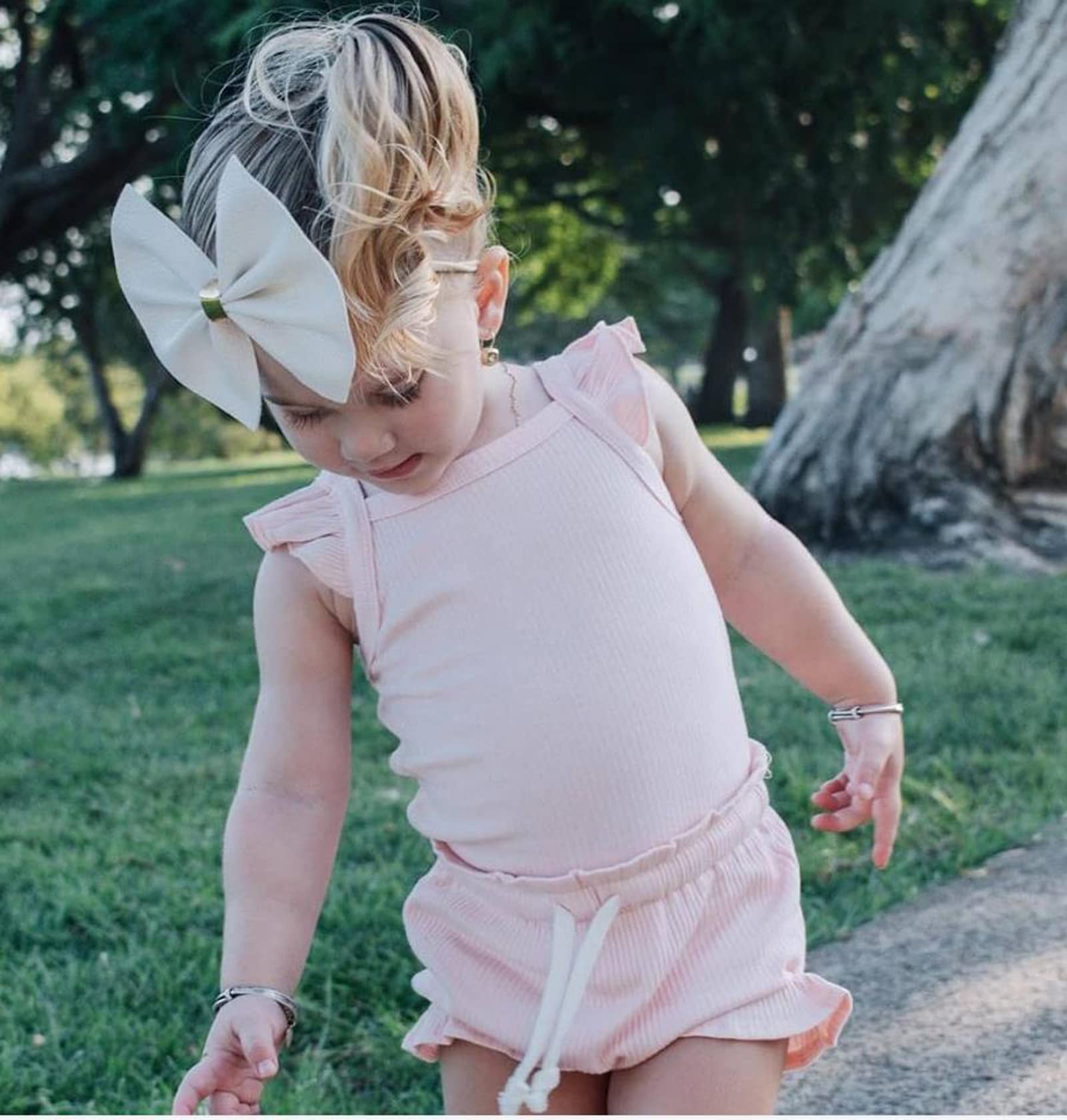 Toddler Baby Girl Summer Short Clothes Ribbed Ruffle Sleeve Tops+Elastic Drawstring Short Pants Two Piece Solid Outfit Set (A-Light Pink, 18-24 Months)