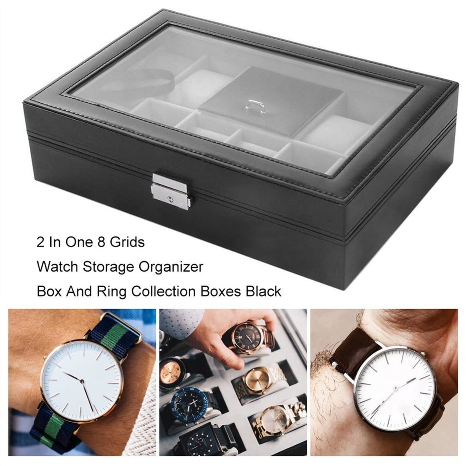 Uhrenbox, Uhrengehäuse, Aufbewahrungsbox, Uhrenbox, Uhrenbox für Damen und Herren, 12 Fächer, schwarze Uhrenbox, PU-Lederetui, Organizer mit Schmuckschublade zur Aufbewahrung und Präsentation von