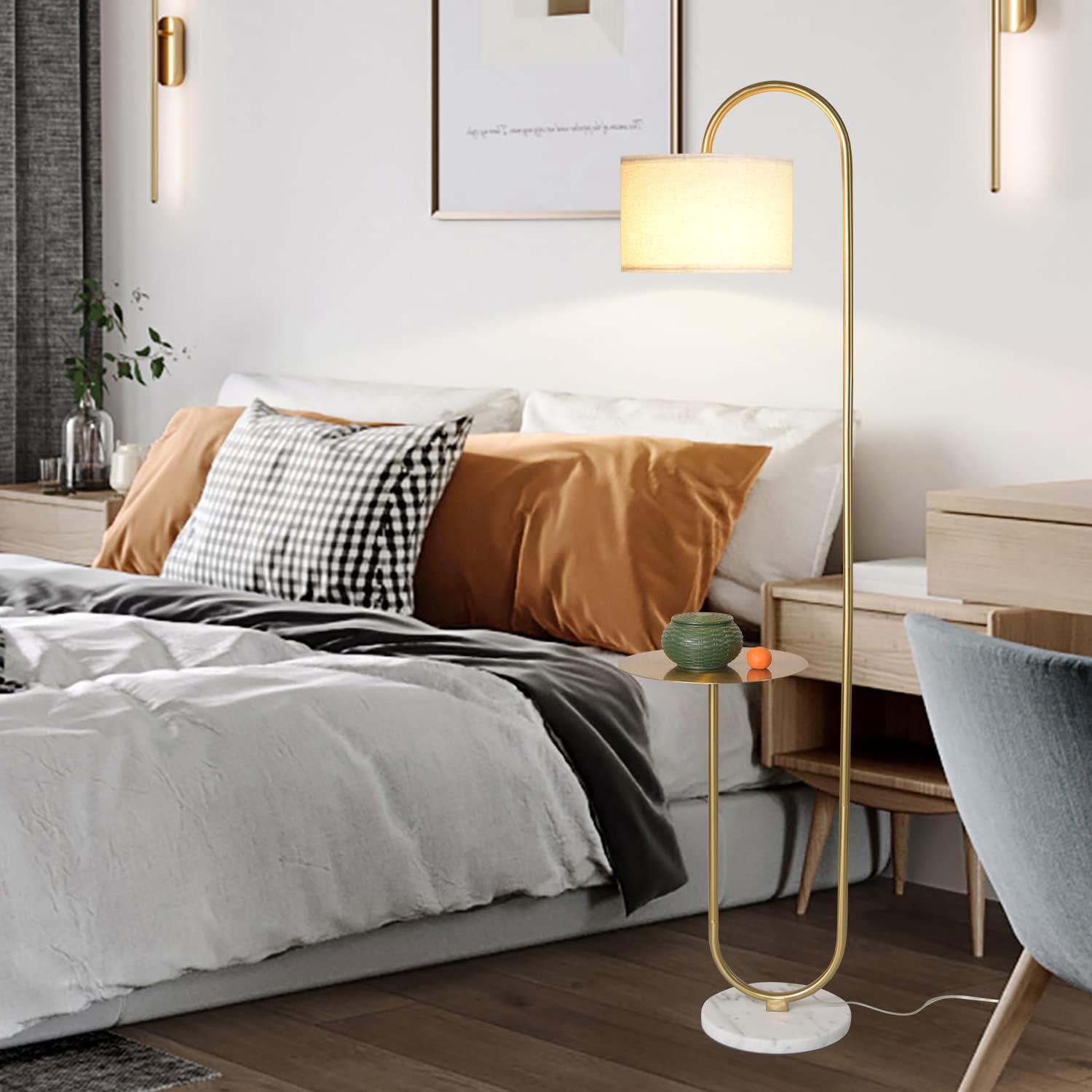 Hsyile KU300271 Arc Floor Lamp with Hanging Drum Shade for Living Room-Marble Base Modern Tall Stand Up Light with Table, Contemporary Over The Couch Gold Lamp Standing Lamps for Bedroom Office
