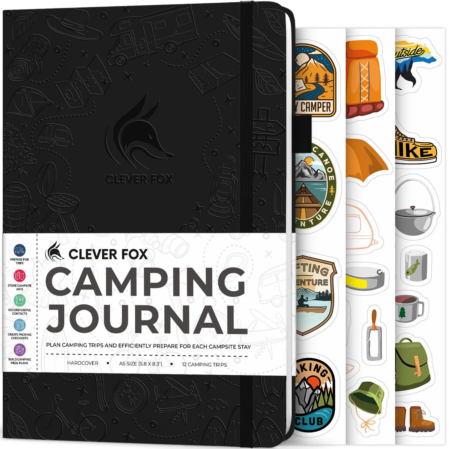 Clever Fox Camping Journal – Camper Log Book & RV Trip Planner – Outdoor Camp Journal & Adventure Travel Notebook – 12 Trips Total, 8 Pages per Trip – Hardcover, A5 Size (Black)