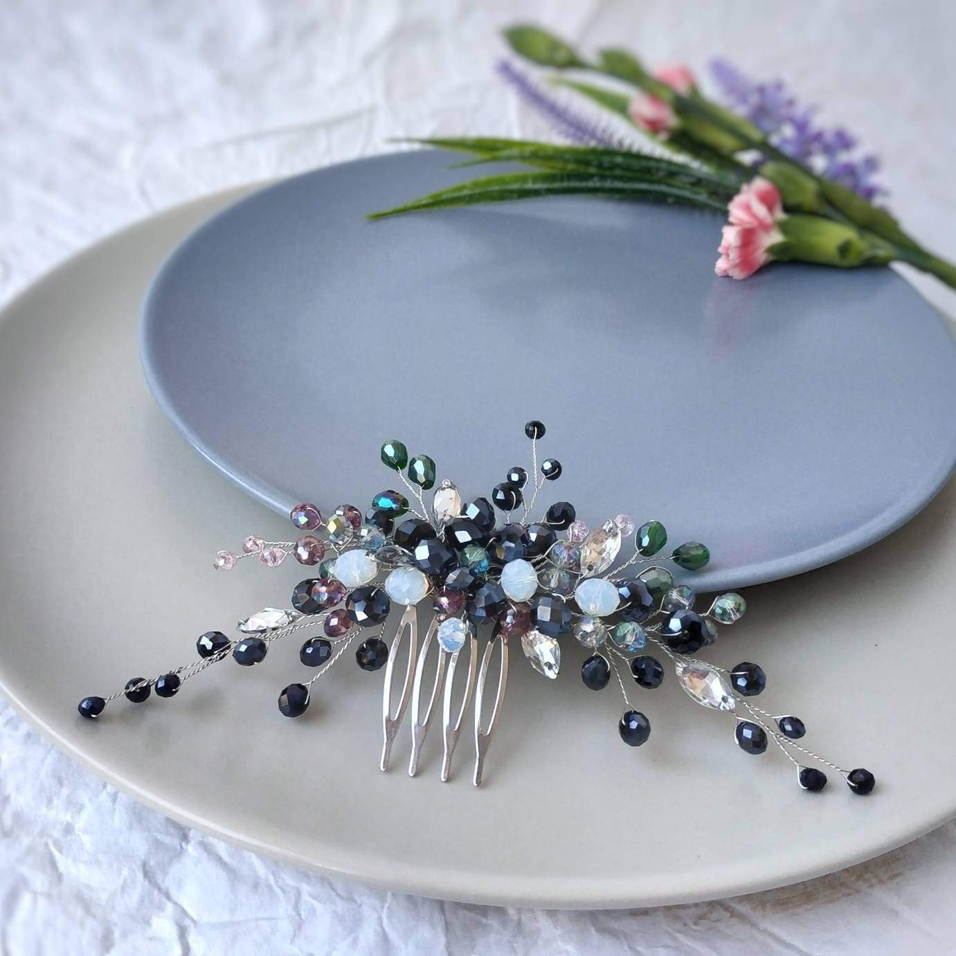 Pettine Per Capelli Da Sposa Con Perline Di Cristallo Blu E Verde | Accessorio Bohémien Per Occasioni Speciali