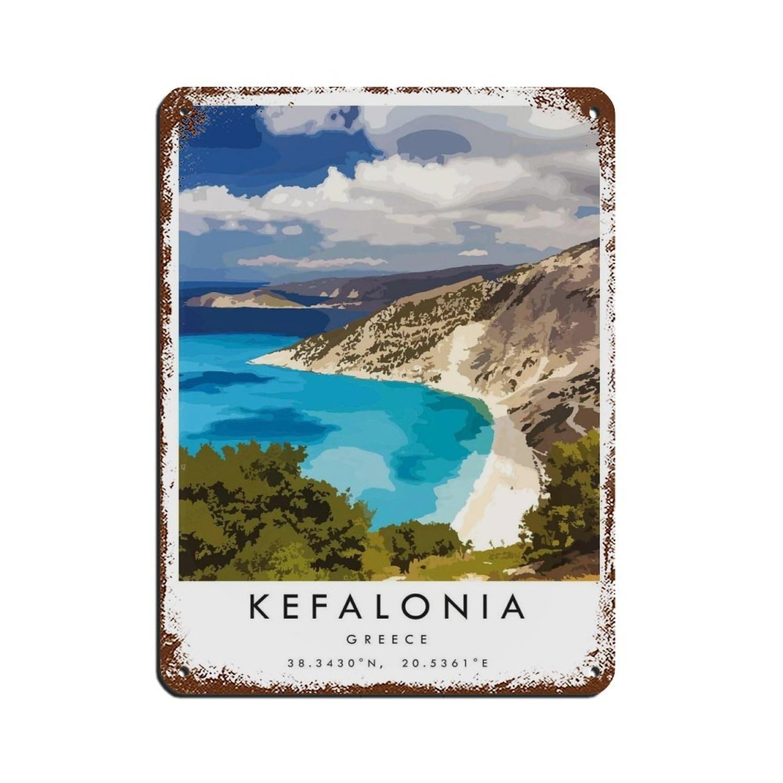Kefalonia Travel, Myrtos Beach Tin Sign Vintage Metal Pub Club Cafe Bar Home Wall Art Decoration Poster Retro 12x16inch(30x40cm)