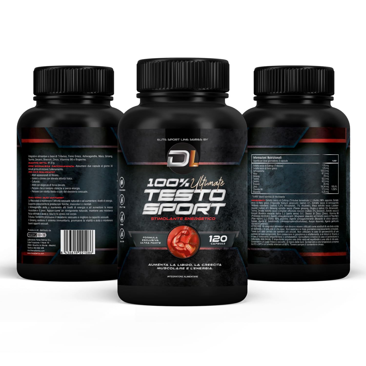Healthy Fusion 100% ULTIMATE TESTOSPORT | Booster con Maca, aAhwagandha e Tribulus | Efficace potenziatore sessuale | Aumenta la massa muscolare | Energia e le prestazioni sportive | 120 capsule