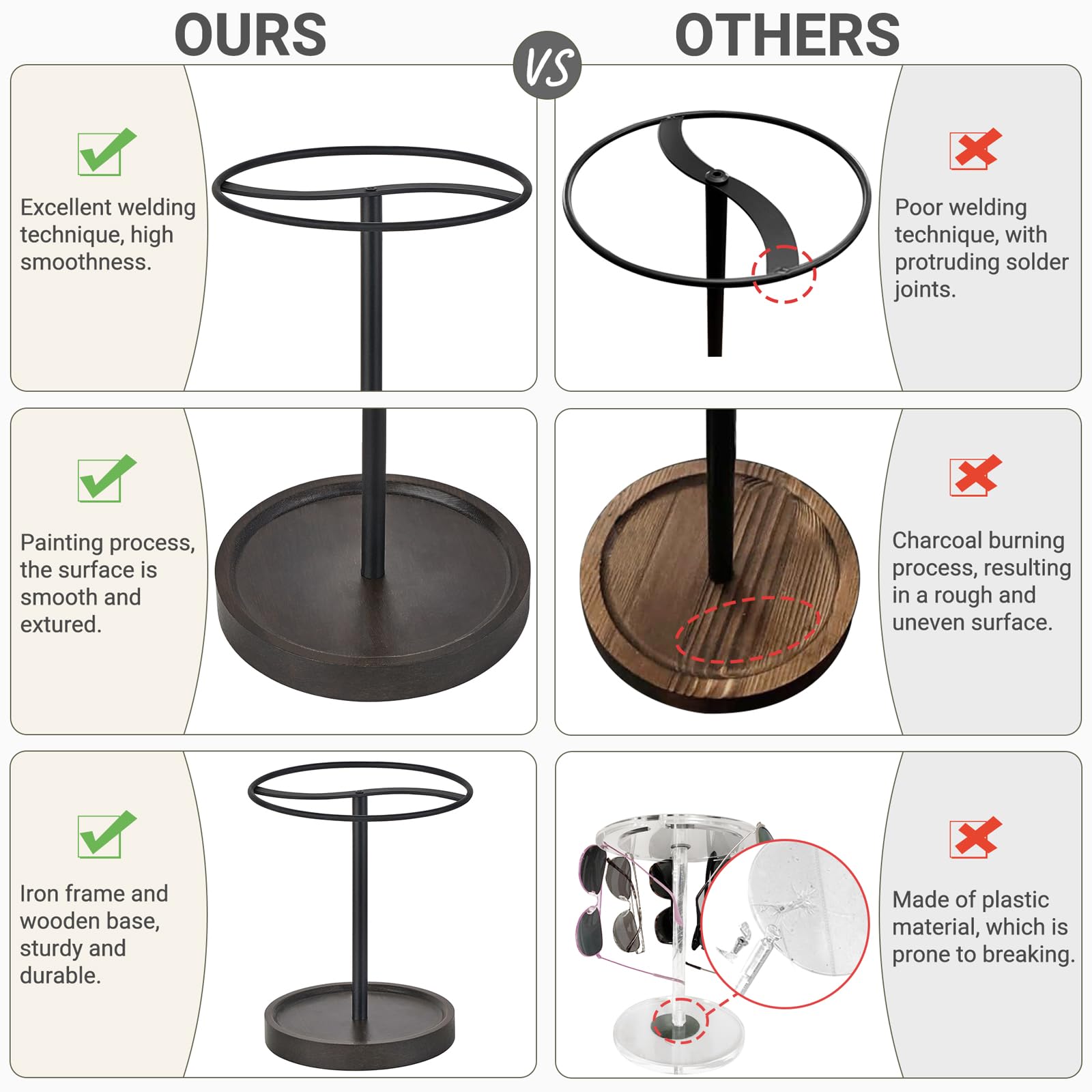 Dahey Organizador de gafas de sol, soporte de metal con bandeja de madera para gafas, aretes, anillos, exhibición de almacenamiento de joyas, hasta 12 pares de gafas para mesa, tocador, escritorio,