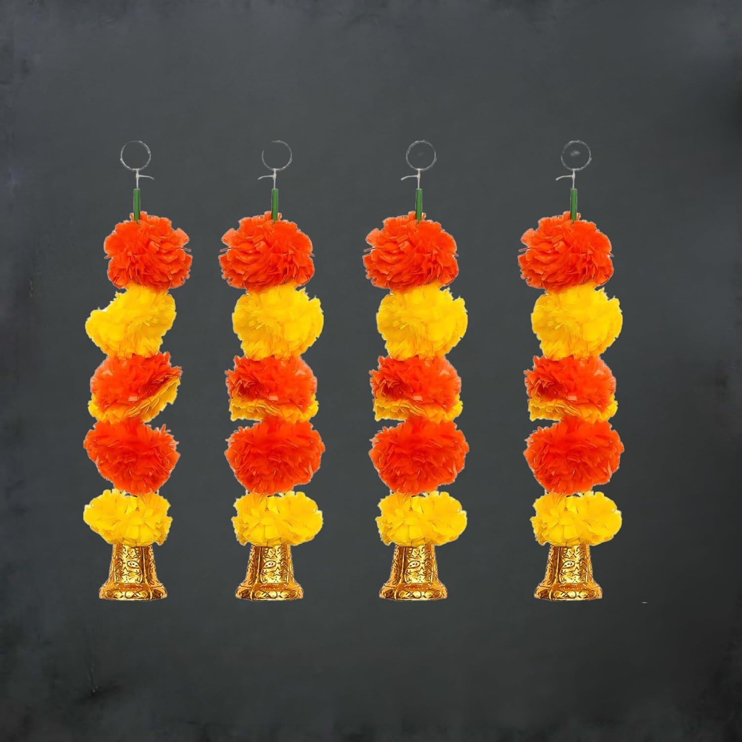 eCraftIndia Yellow Orange Artificial Marigold Flower Garland with Golden Bells (Pack of 4) | Artificial Flowers Wall/Door Hanging, Toran, Bandanwar for Home Decor | Ganpati, Diwali Decoration Items