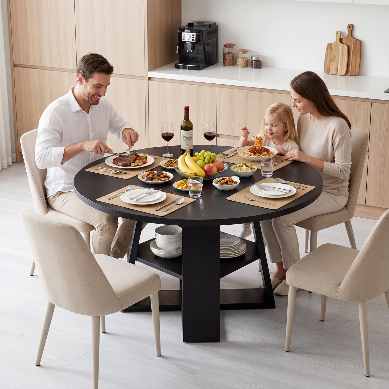 Comedor Mesa Extensible Redonda Madera con Estante, para 6-8 Personas