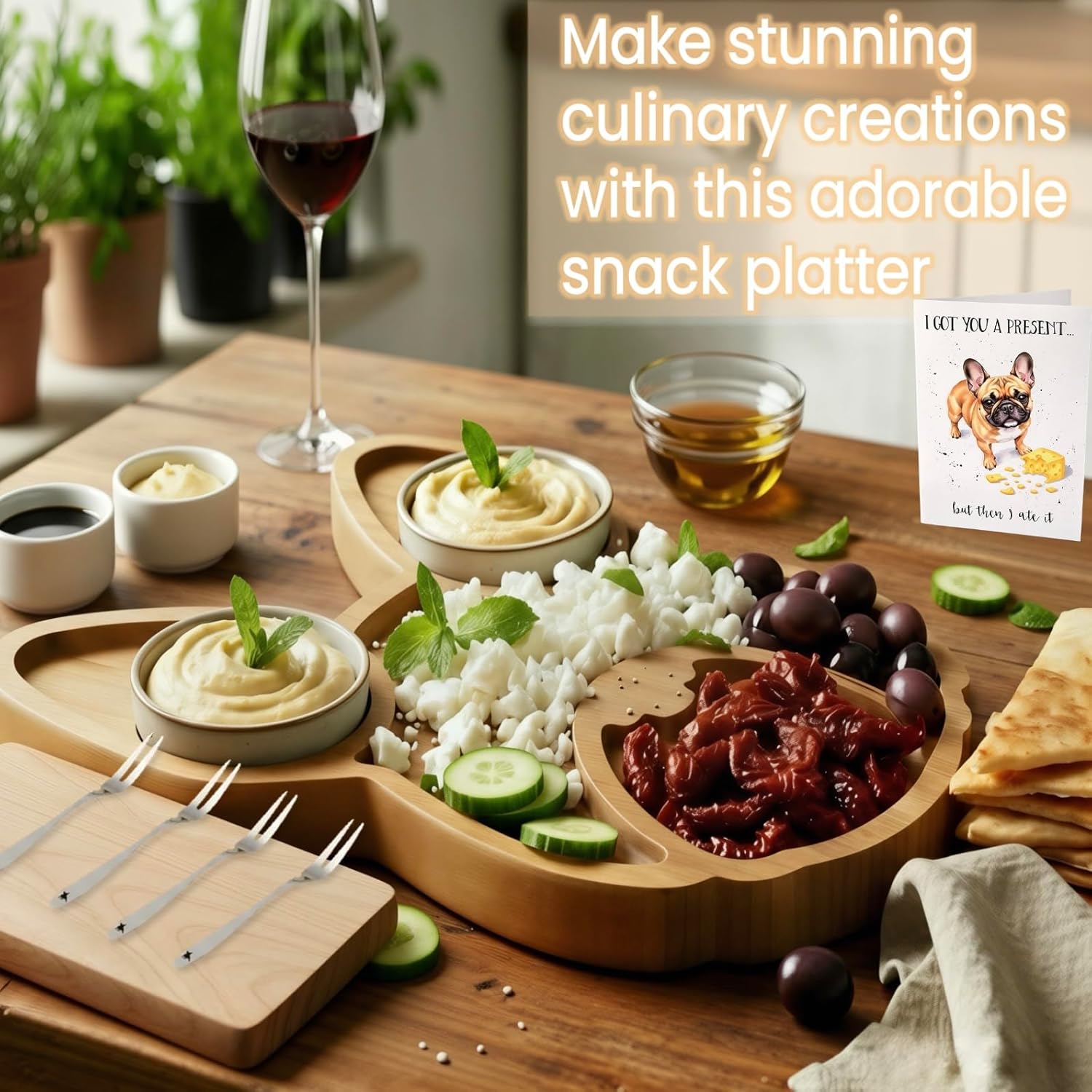 Frenchie The French Bulldog Cheese Board – 12" Cheese Board Set & Wall Mount Frenchie Decor, Novelty Dog Lover Gift Set with Mini Forks, Wall Hooks & Funny Card for Dog Mom Dad Birthday