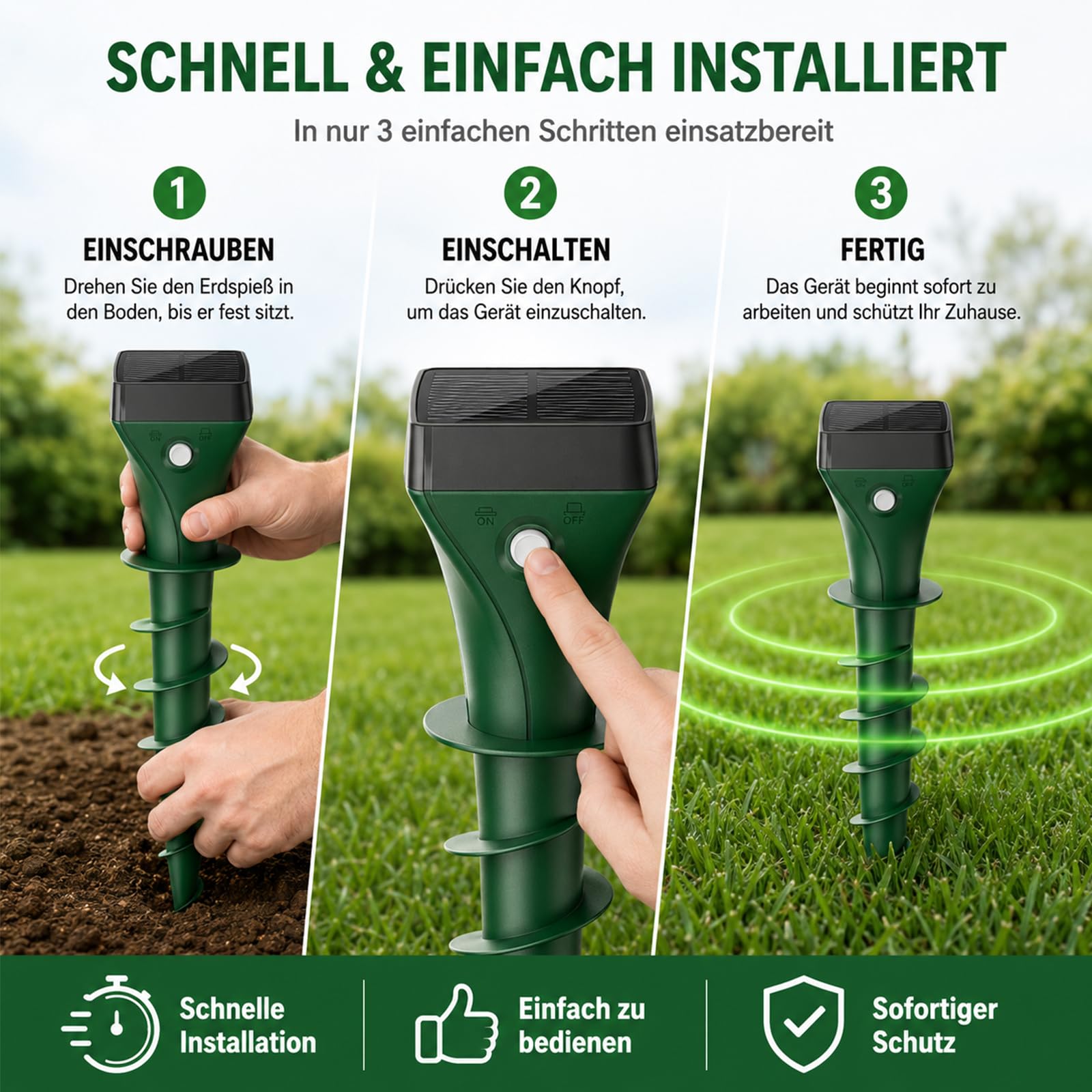 Dissuasore per talpe, a energia solare, con ultrasuoni e cambio di frequenza intelligente, efficace contro talpe e arvicole, impermeabile IP65, per giardino, confezione da 4