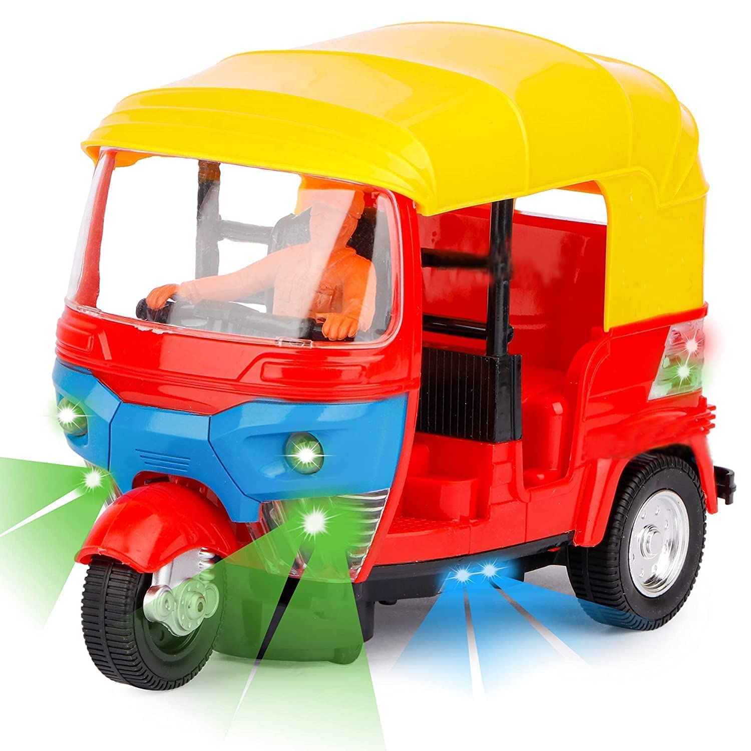 Tricycle Auto Rickshaw Toy with Attractive LED Lights and Sound, Battery Operated, Multicolour-image-14