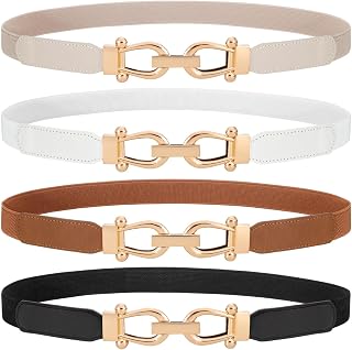 WERFORU 4 Pack Women's Skinny Elastic Waist Belts Gold Buckle Stretchy Thin Belts for Jeans Dresses