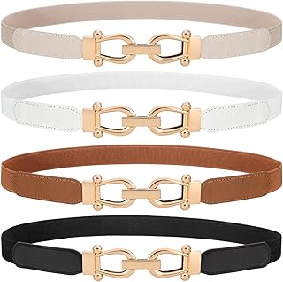 WERFORU 4 Pack Women Skinny Elastic Waist Belt Gold Buckle Stretchy Thin Belt for Jeans Dress