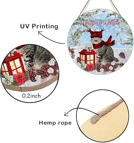 Miniatura 6 de Letrero de corona de flores de Navidad con escena de nieve de invierno, decoración de madera, letrero de bienvenida de gato de Navidad, letrero de