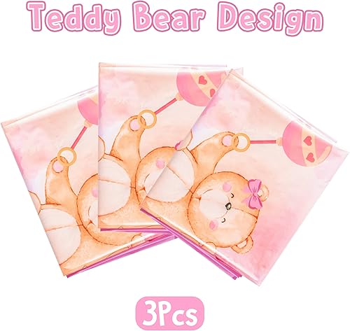 Miniatura 3 de Eartim Mantel rectangular de plástico desechable con diseño de oso de peluche rosa, 3 piezas, para niñas, para fiesta de cumpleaños, baby shower,