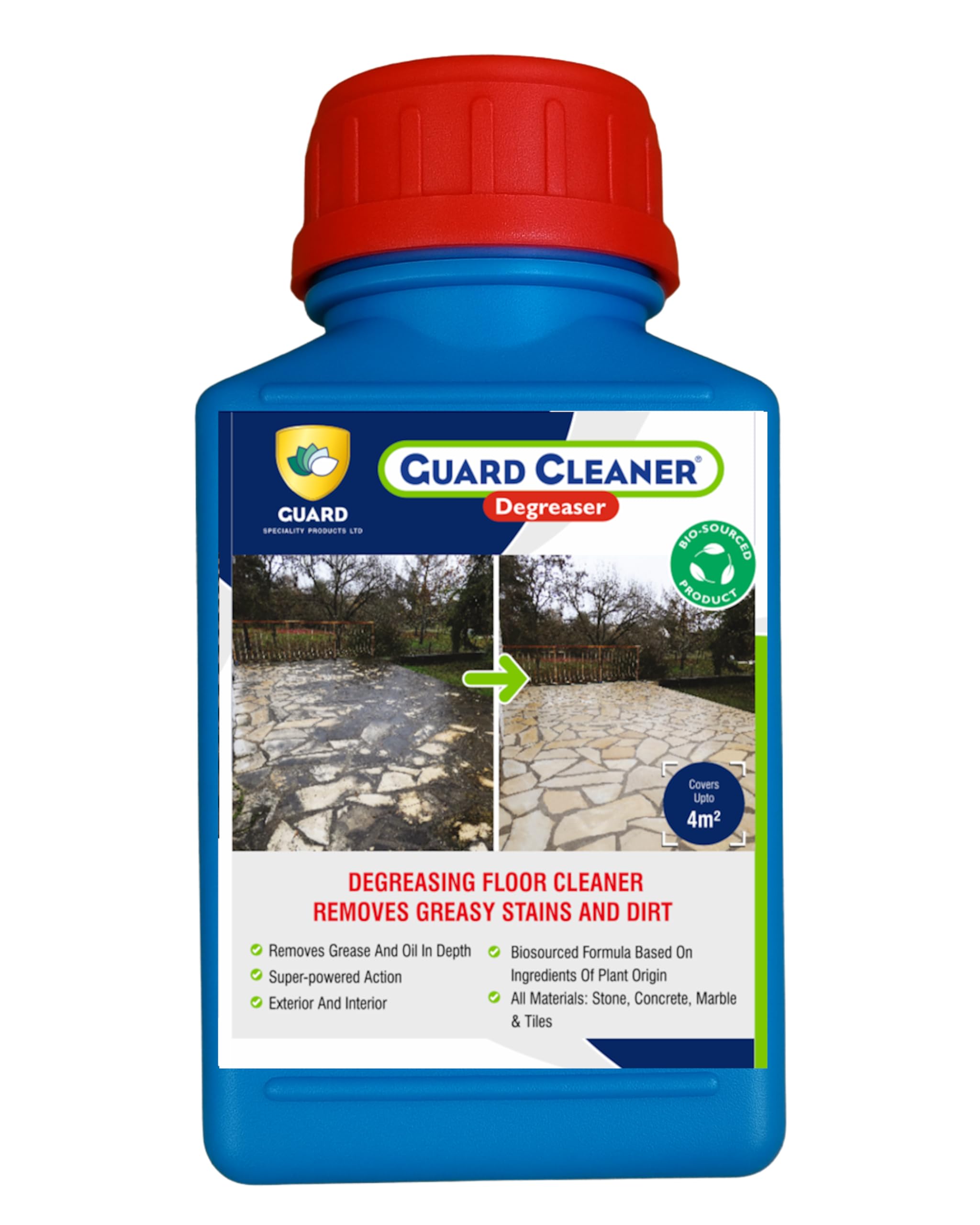 GUARD CLEANER Degreaser Eco-Friendly, Grease|Stains & Pollution Removal on all Surfaces, Biodegradable, Non-Corrosive | Safe & Effective Cleaner for Tiles/Stones Pack size 500ml Treats upto 5 to 8 m2