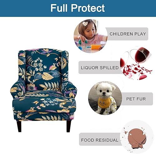 Miniatura 4 de FUANGUI Funda elástica para silla con respaldo de ala, 2 piezas, fundas impresas para silla de ala con funda de cojín, tela de elastano, funda de