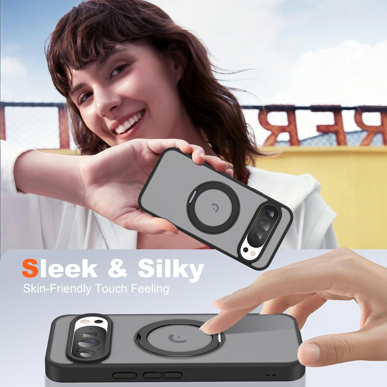 Compatible with Google Pixel 9 Pro XL/Pixel 10 Pro XL Case with 360° Magnetic Ring Stand [Compatible with Mag-Safe] Shockproof Translucent Phone Case 6.8" for Women Men, Black