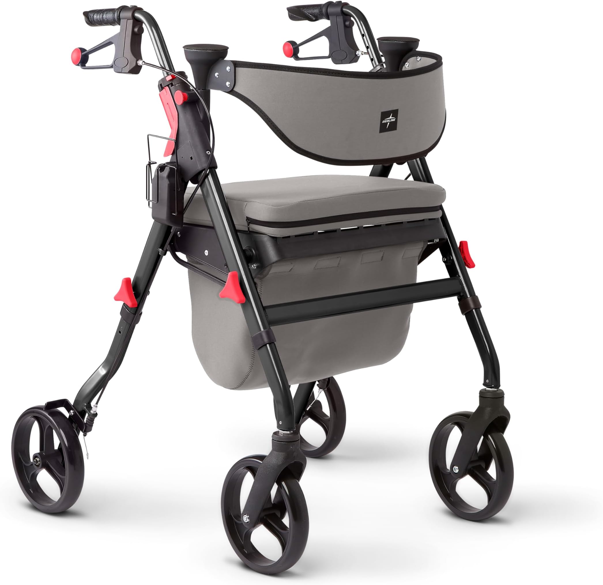 Medline Premium Empower Rollator Walker with Seat, Comfort Handles and Thick Backrest, Folding Walker for Seniors, Microban Protection, 8" Wheels, Black Frame