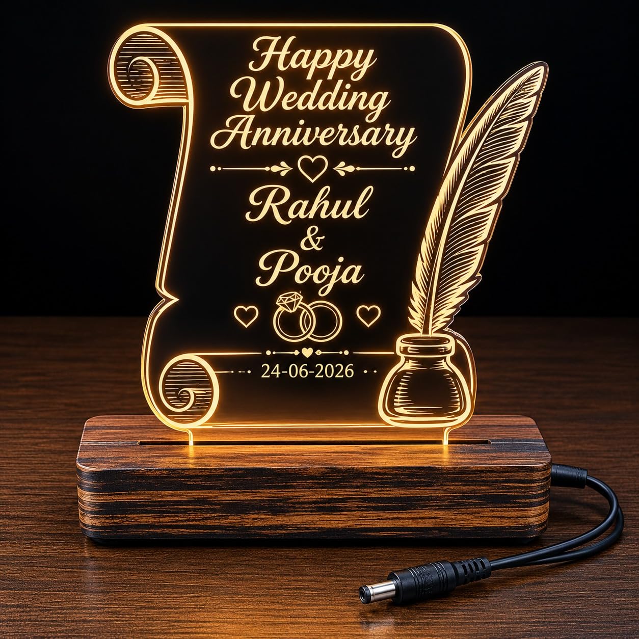Personalised Wedding Anniversary Scroll Acrylic LED Lamp | Custom Names & Date, Warm White LED Glow, Wooden Base, USB Powered, Laser Engraved-image-22