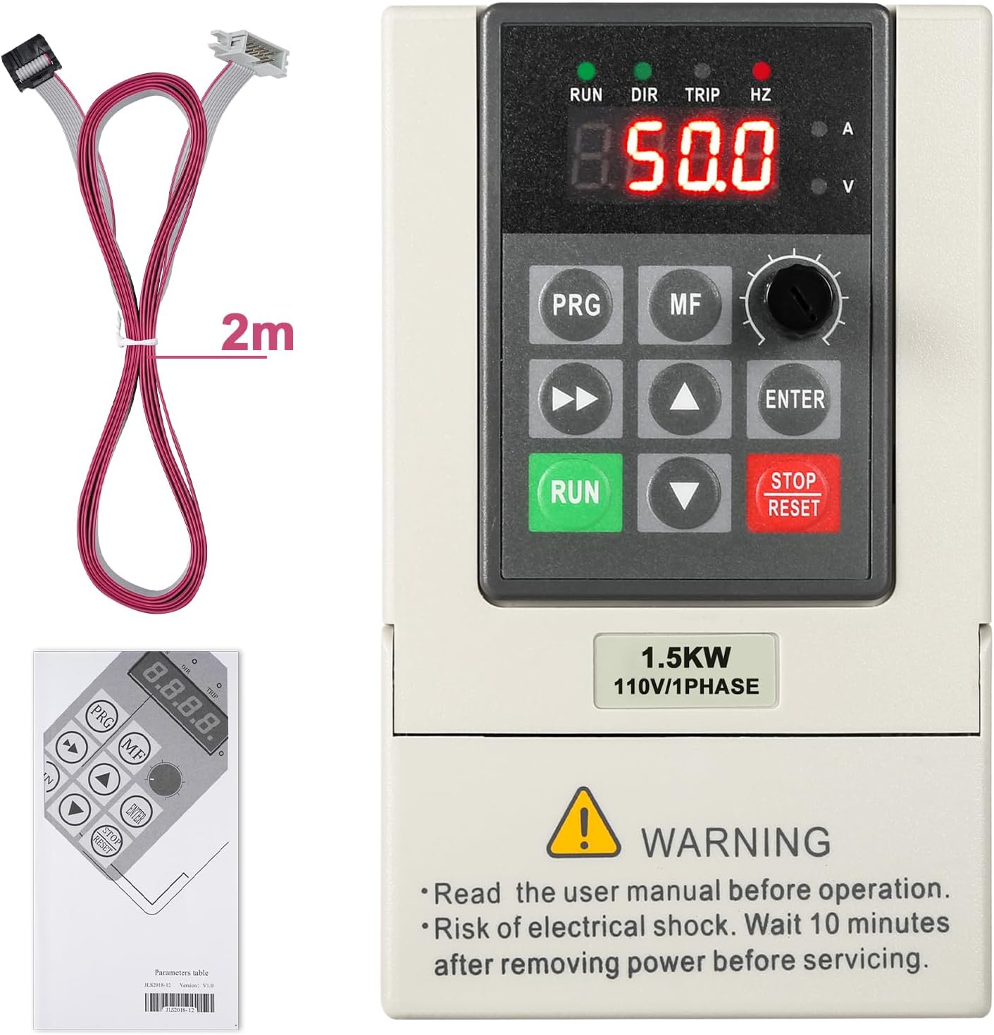 VFD 110V Variable Frequency Drive for Motor Speed Control, Single-Phase Input Three-Phase Output CNC VFD 1.5 kW with 2-Meter Extension Cord