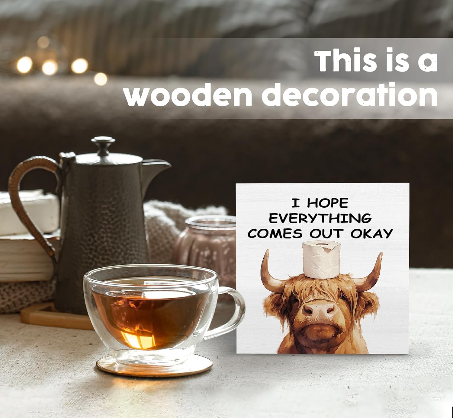Highland Cow Bathroom Decor Sign, Funny Highland Cow Bathroom Decor, I Hope Everything Comes Out Okay Wood Decoration Bath Room Decor For Washroom Toilet Counter Shelf Table 5x5 Inch image 2