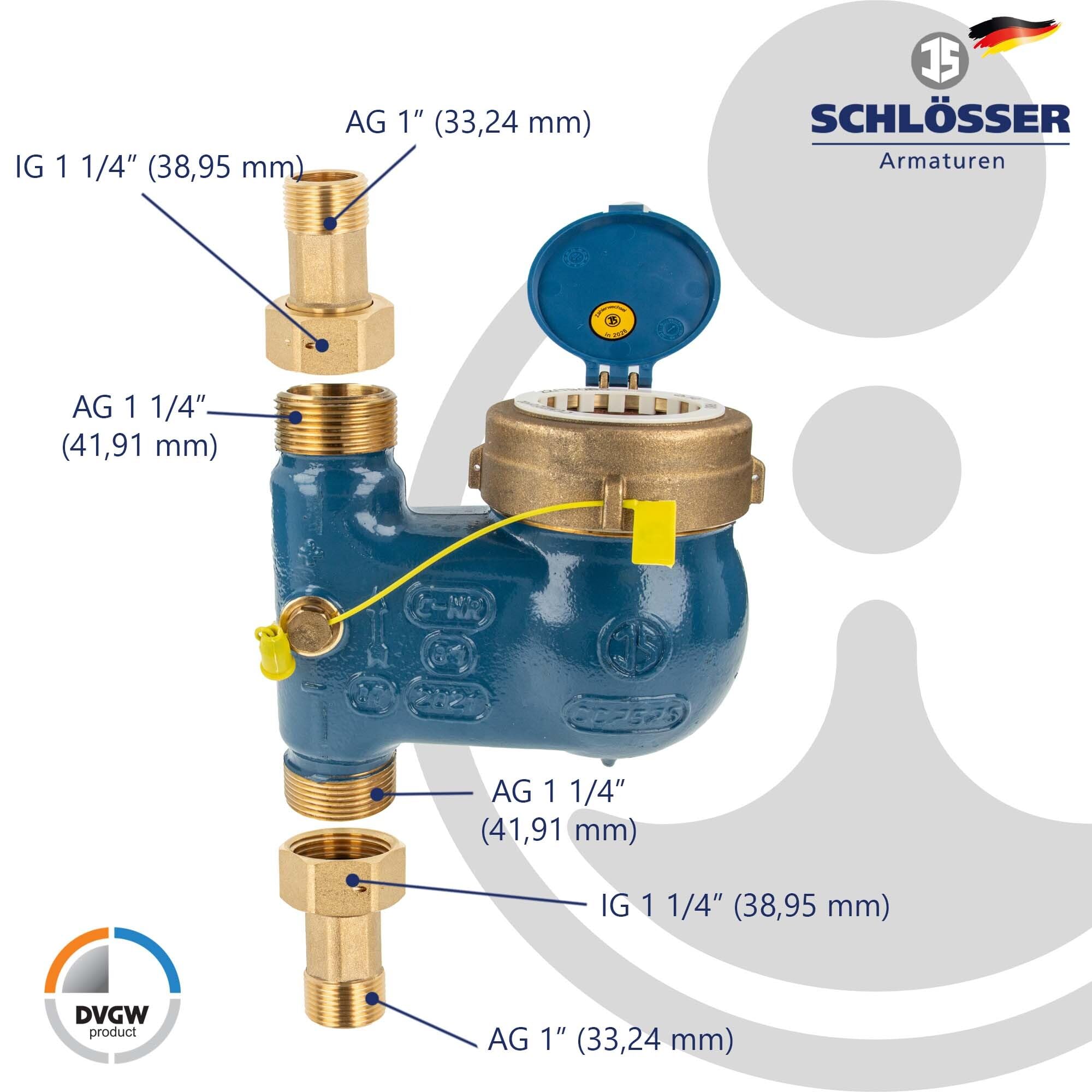 Steigrohr Hauswasserzähler Kombi-Set, Baulänge 150 mm, inkl. Verschraubungen 1 1/4 Zoll x 1 Zoll AG, Messing