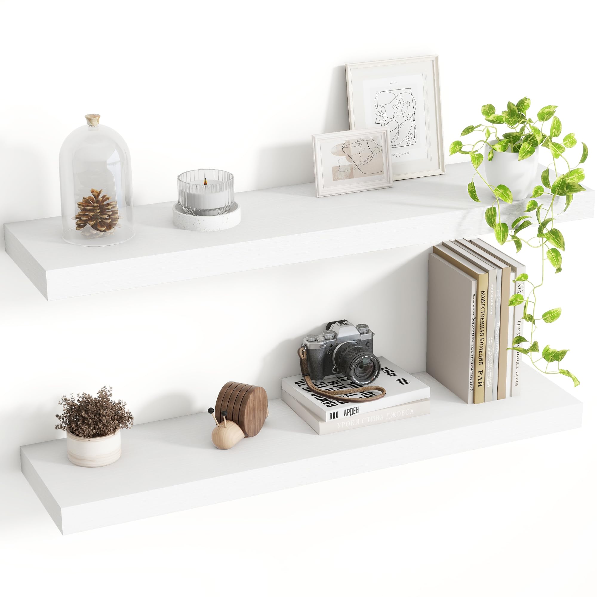 Acovy 30 Inch Floating Shelves, 8 Inch Deep Floating Shelves for Wall, Hanging Shelf with Invisible Brackets, Deep Shelves for Bathroom, Bedroom, Living Room, White, Set of 2 — image 1
