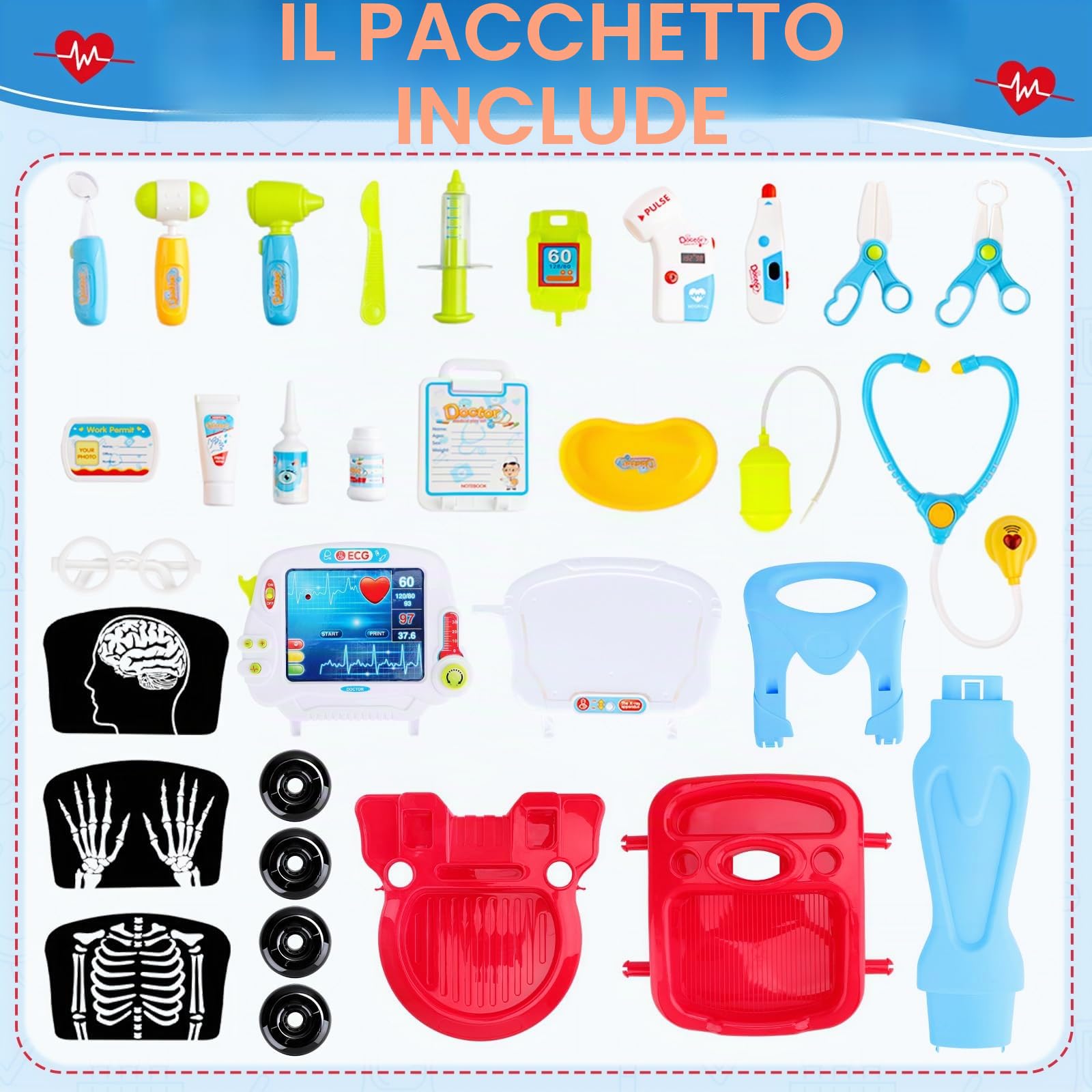 deAO Carrello da Dottore con Suoni e Luci, Kit Medico Giocattolo Dottore con Stetoscopio Siringa Termometro Pulsometro, Dottore Infermiere Medico Carrello per Ragazzi Ragazze Compleanno Natale Regalo