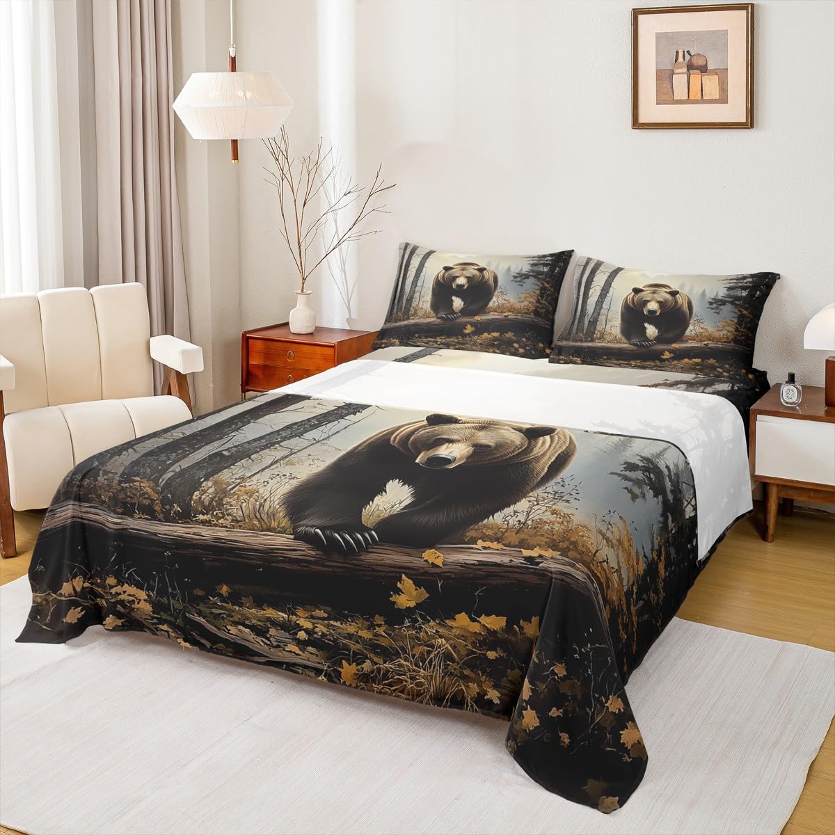Homewish Nature Forest Bear - Juego de ropa de cama doble con diseño de oso pardo pardo, juego de sábanas bajeras de animales salvajes del bosque, 4 piezas