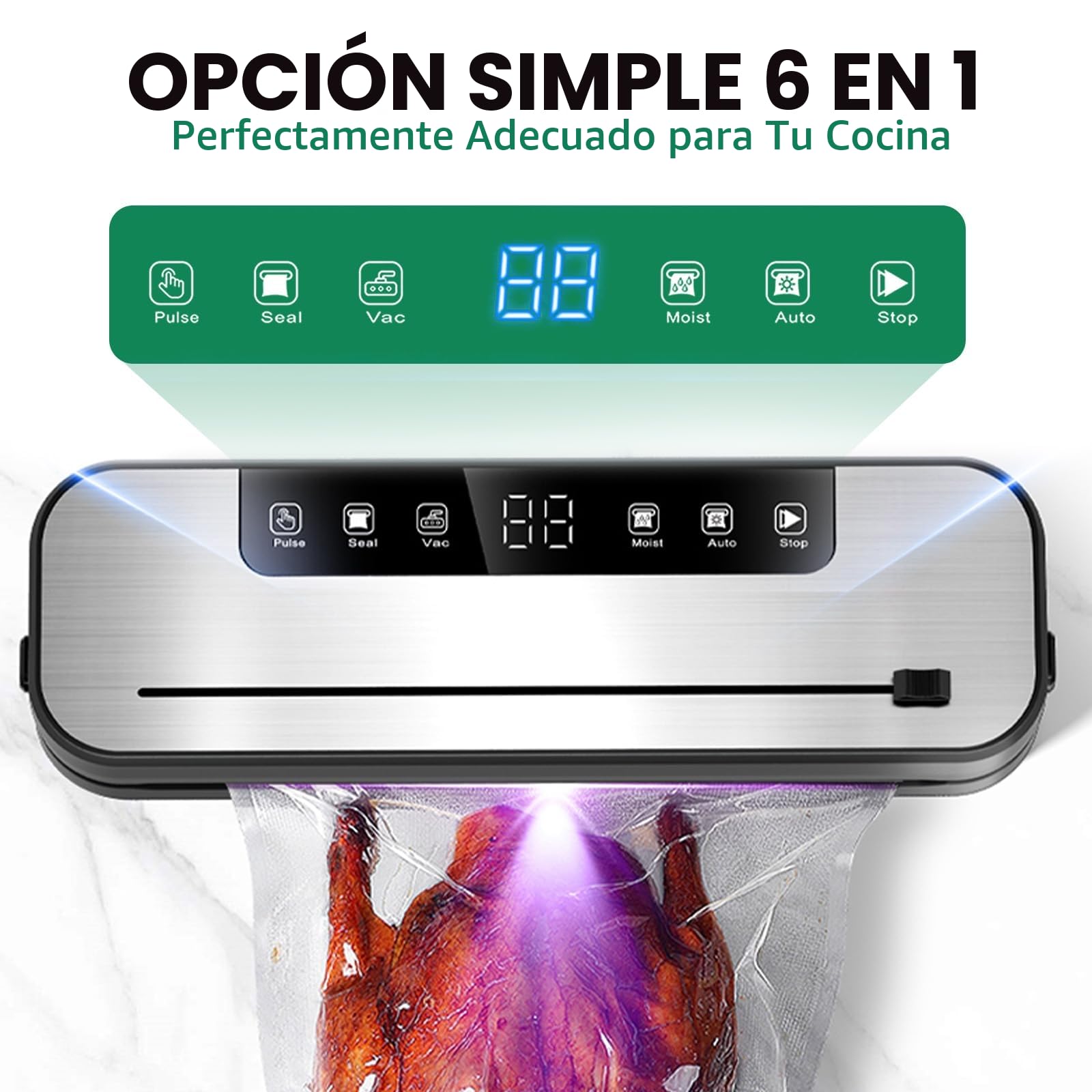 Envasadora al vacío 6 en 1 profesional para alimentos, con 50 bolsas de envasado al vacío y 1 manguera para recipiente al vacío, dispositivo de sellado automático de 75 Kpa con cortador y cuenta atrás