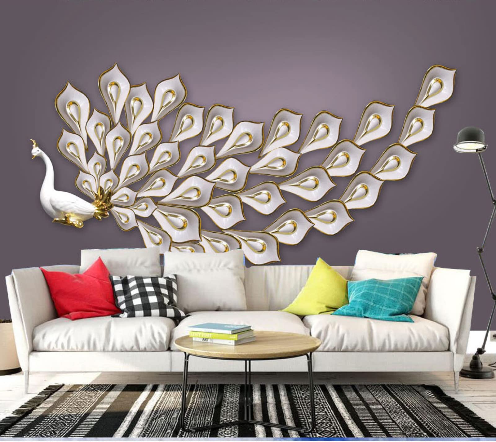 Papier peint 3D relief texture paon pour sublimer le fond de canapé du salon