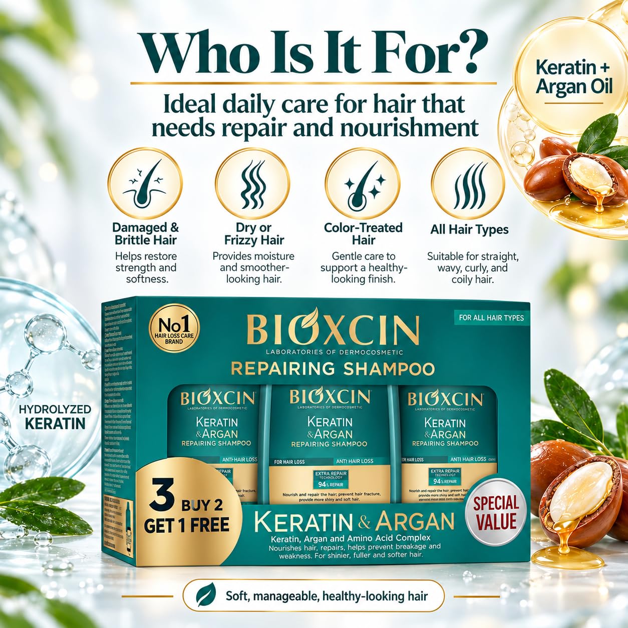 Bioxcin Keratin & Argan Reparatur-Shampoo 5er Set 3x300ml