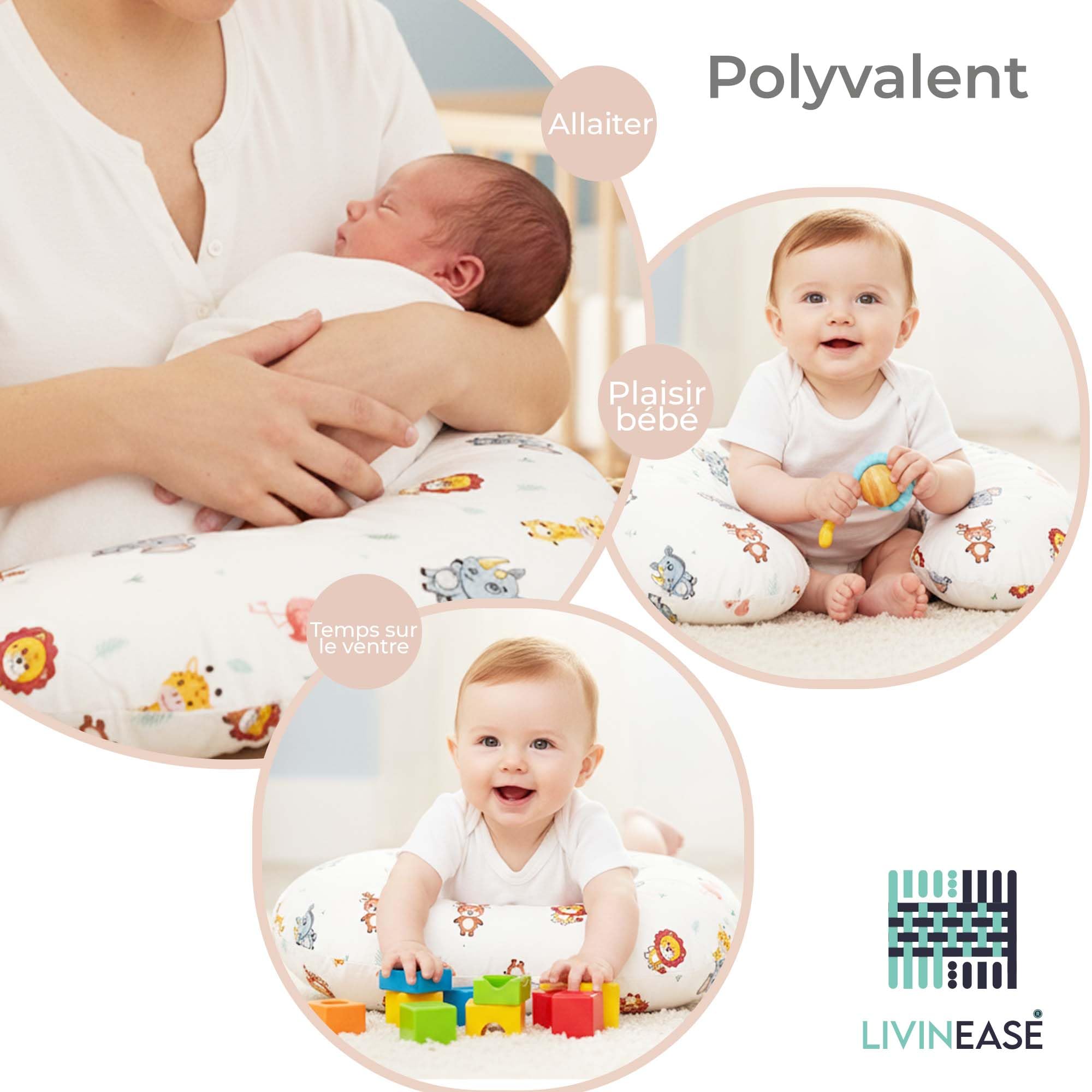 LivinEase Coussin d'allaitement pour allaitement et biberon – 100% coton certifié OEKO-TEX Coussin d'alimentation pour bébé housse lavable – Parfait pour le temps sur le ventre (Jungle)