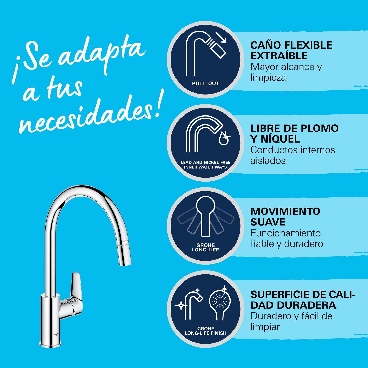 Grohe StartEdge QuickFix - Grifo monomando de cocina extraíble, Caño alto, Cromo, ref. 30551000