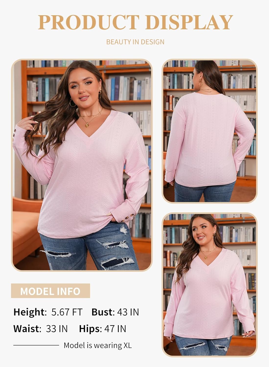 Eytino Plus Size Tops for Women Casual V Neck Long Sleeve Buttons Hollow Out Lace Embroidered Blouses Shirts(1X-5X) - Image 3