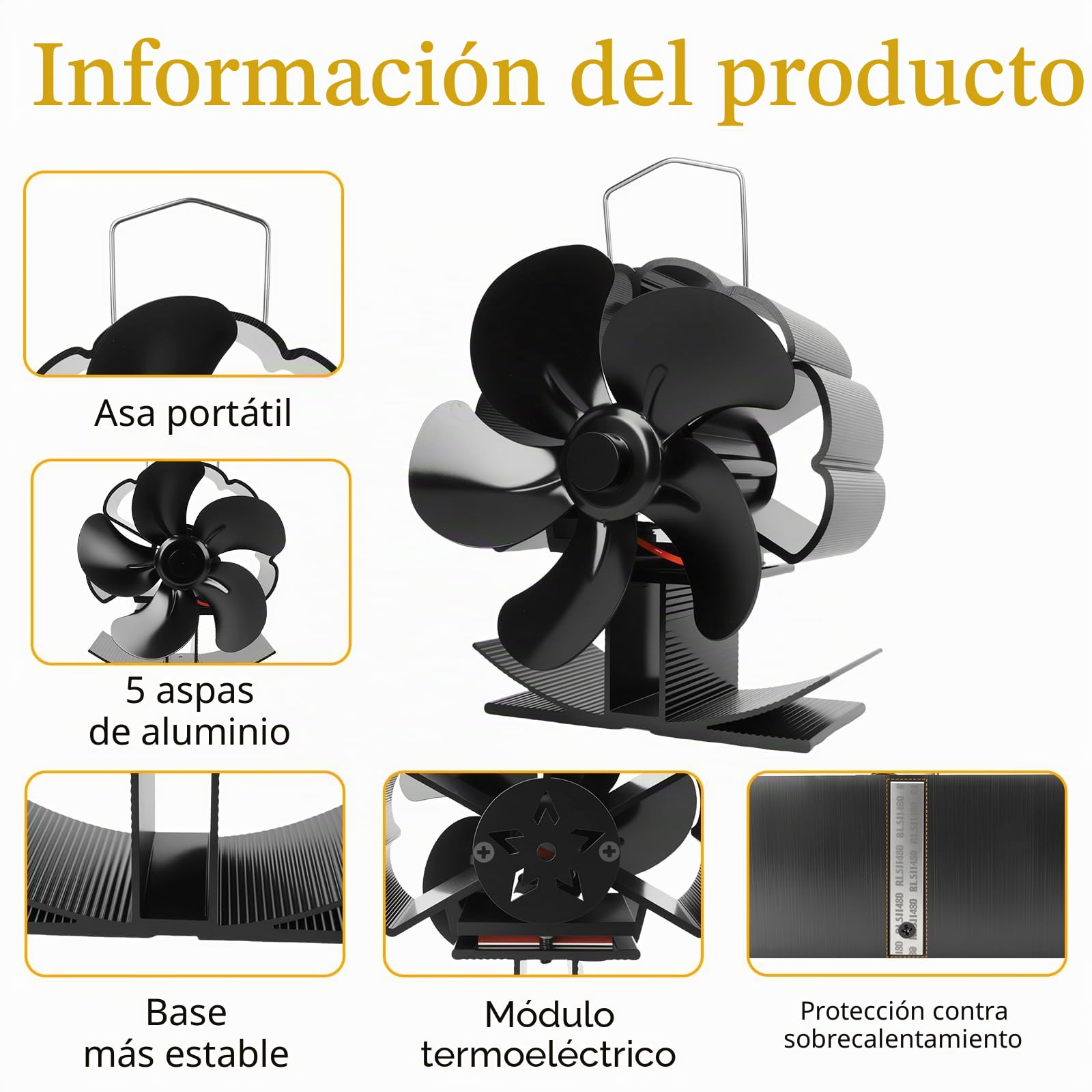 5 PáGinas Ventilador de Chimenea, Ventilador para Estufa de Leña, Ventilador Chimenea Sin Electricidad Alimentado, Operación Silenciosa, para Estufas de Leña de Leña/Leña/Chimenea/Estufa