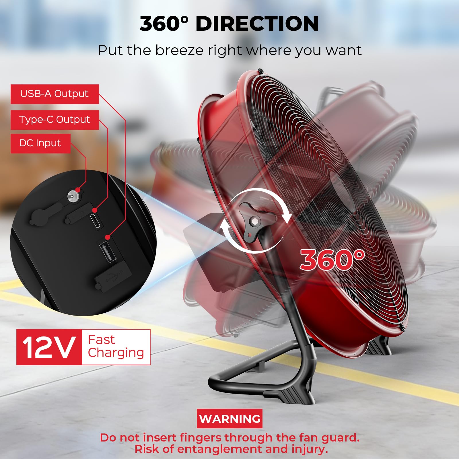 T-SUN Ventilatore da pavimento a batteria da 40,6 cm, compatibile con batteria Milwaukee, ventilatore portatile con adattatore CA e uscita USB, ventilatore senza fili a velocità continua, in metallo