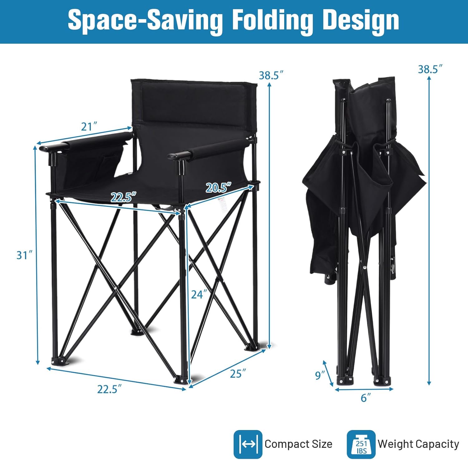 COSTWAY Folding Camping Chair, 38.5” Height Portable Tall Directors Chair with Storage Pouches, Detachable Armrests, Carrying Bag for Fishing, Picnic, Lawn, Black, 250LBS Weight Capacity
