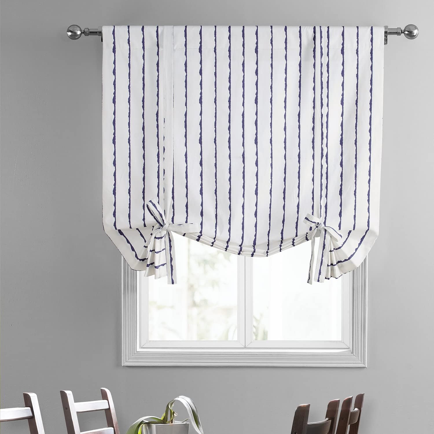 HPD Half Price Drapes Printed Cotton Room Darkening Tie Up Curtains for Windows - 46 x 63 Roll Up Balloon Curtain for Living Room, Kitchen (1 Panel), PRCT-TUD213B-63, Sharkskin Blue Stripe