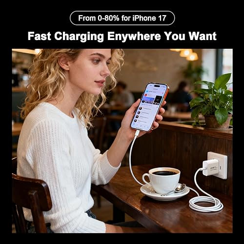 Miniatura 5 de [Certificado Apple MFi] Cargador de iPhone 17 de carga rápida, bloque de cargador USB C de 40 W para Apple con cable de carga tipo C a C extra largo