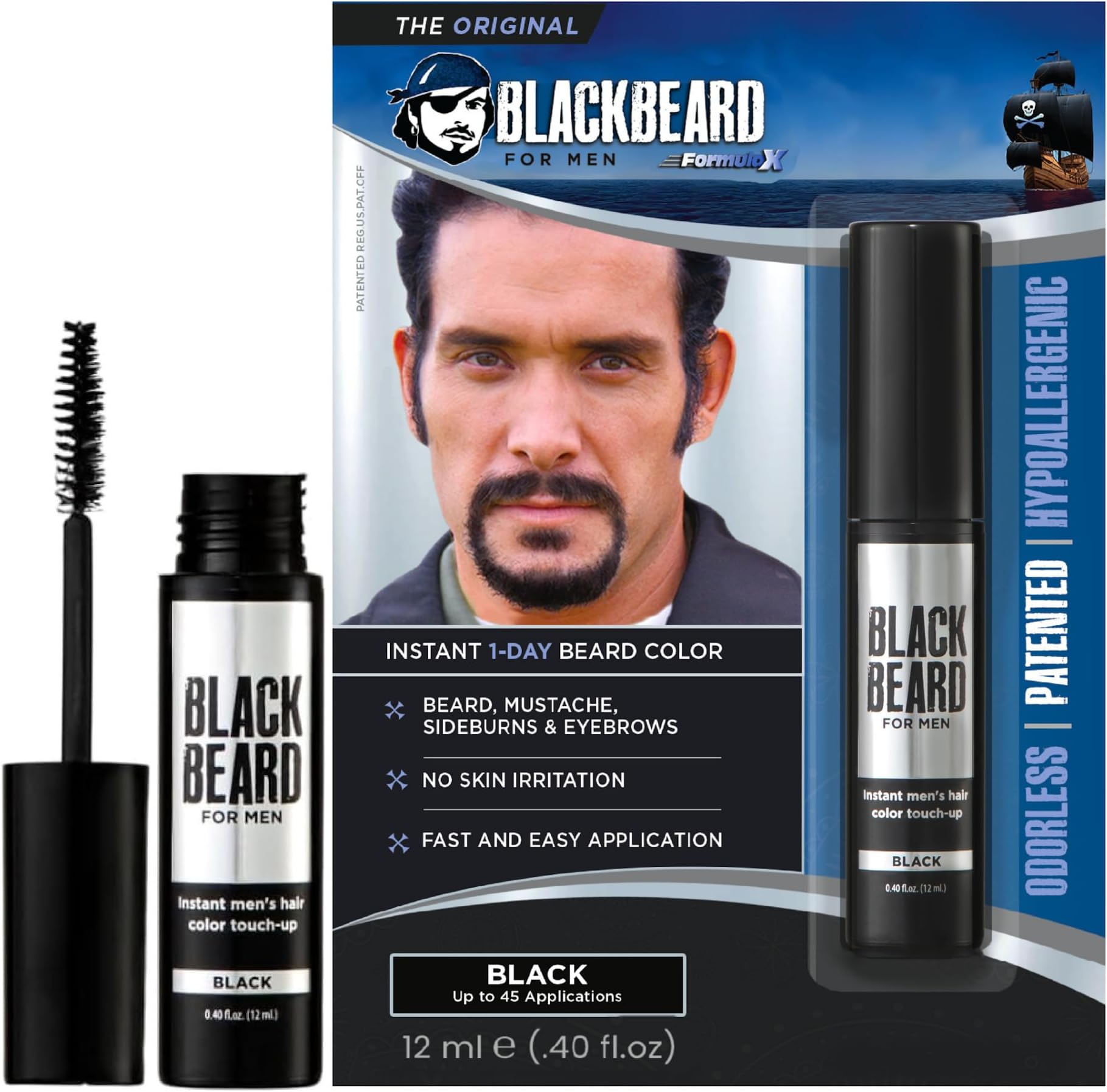 Blackbeard for Men Facial Hair Color Touch Up Brush - Temporary 1-Day Tint for Gray Coverage on Moustache, Sideburns and Brows, Waterproof Hypoallergenic Dye Alternative, Black, 45 Applications